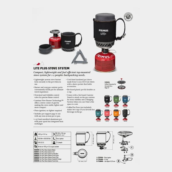 Gaskök Primus Lite Plus Stove System Feed Zone, 1500 W, med integrerad piezotändning + kastrull (500 ml) Bränsletillval: Utan bränsle