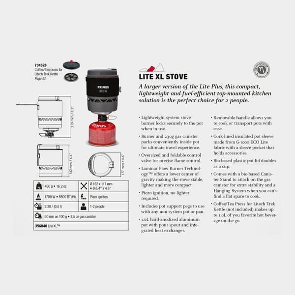 Gaskök Primus Lite XL Stove System, 1700 W, med integrerad piezotändning + kastrull (1 liter) Bränsletillval: Utan bränsle
