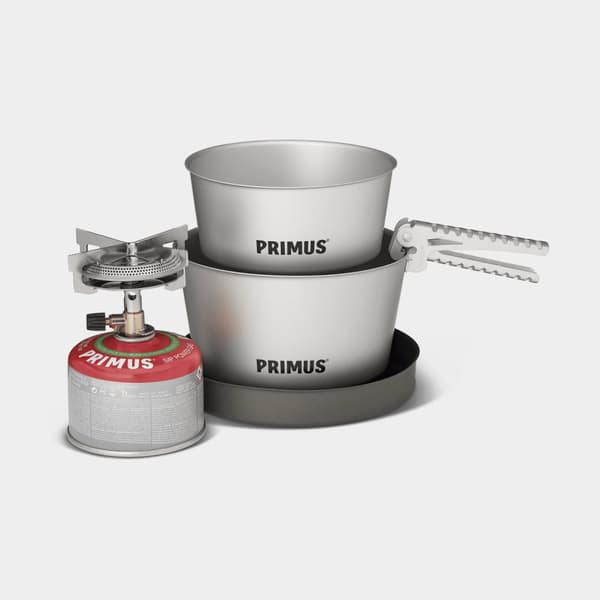 Gaskök Primus Mimer Stove Kit II, 2800 W + 2 kastruller (1.3 &amp; 2.3 liter) + 1 stekpanna + griptång + förvaringspåse Bränsletillval: Utan bränsle