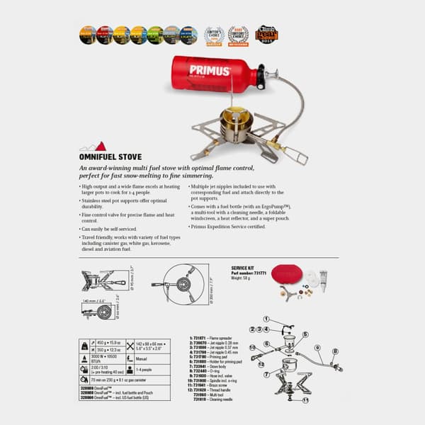 Multifuelkök Primus OmniFuel II, 3000 W + bränslepump + multiverktyg + vindskydd + värmereflektor + förvaringspåse + bränsleflaska 600 ml