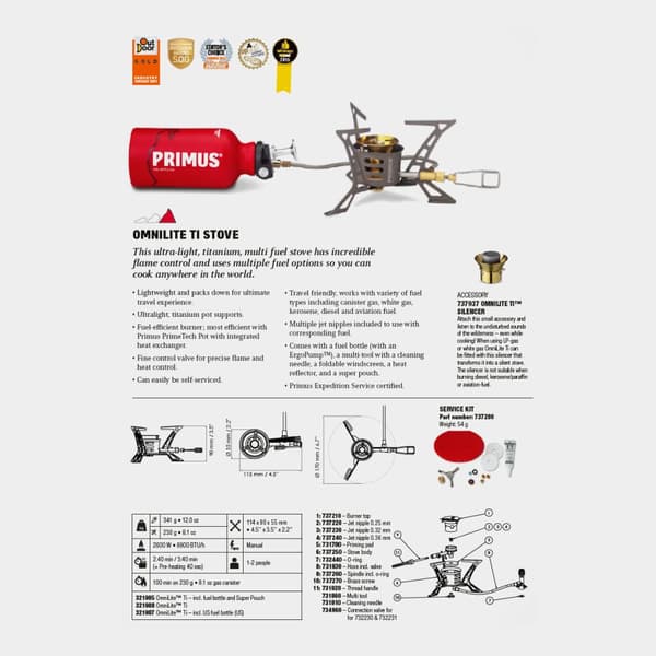 Multifuelkök Primus OmniLite Titanium, 2600 W + bränslepump + multiverktyg + vindskydd + värmereflektor + förvaringspåse + Primus Power Fuel 1 liter