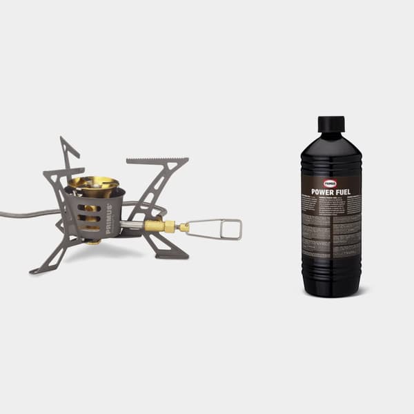 Multifuelkök Primus OmniLite Titanium, 2600 W + bränslepump + multiverktyg + vindskydd + värmereflektor + förvaringspåse + Primus Power Fuel 1 liter