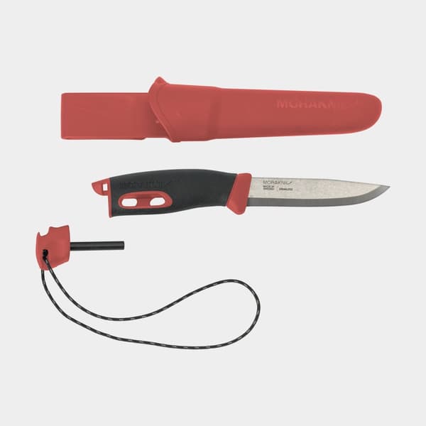 Friluftskniv med integrerat tändstål Morakniv Companion Spark (S), 223 mm, TPE-gummi / återvunnet svenskt rostfritt stål, röd