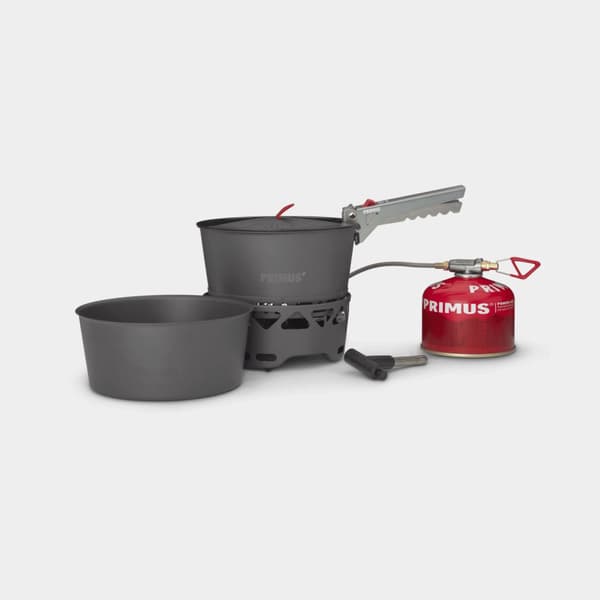 Gaskök Primus PrimeTech Stove Set, 2000 W, med piezo-tändare + 2 kastruller (1.3 liter) + 1 lock med durkslag + griptång + förvaringspåse