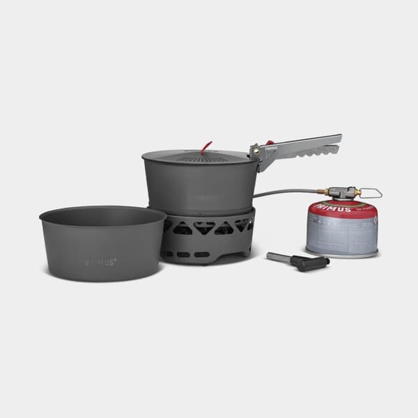 Gaskök Primus PrimeTech Stove Set, 2000 W, med piezo-tändare + 2 kastruller (1.3 liter) + 1 lock med durkslag + griptång + förvaringspåse
