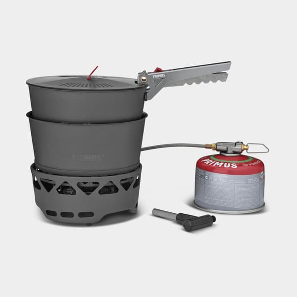 Gaskök Primus PrimeTech Stove Set, 2000 W, med piezo-tändare + 2 kastruller (1.3 liter) + 1 lock med durkslag + griptång + förvaringspåse