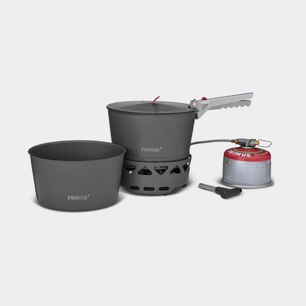 Gaskök Primus PrimeTech Stove Set, 2000 W, med piezo-tändare + 2 kastruller (2.3 liter) + 1 lock med durkslag + griptång + förvaringspåse