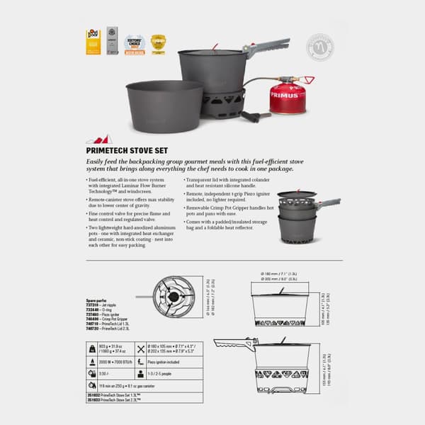 Gaskök Primus PrimeTech Stove Set, 2000 W, med piezo-tändare + 2 kastruller (2.3 liter) + 1 lock med durkslag + griptång + förvaringspåse