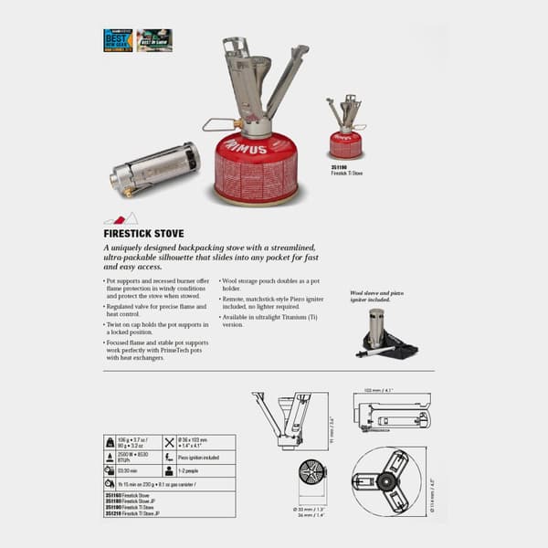 Gaskök Primus Firestick Stove Titanium, 2500 W, med piezo-tändare + förvaringspåse Bränsletillval: + Power Gas (230 gram)