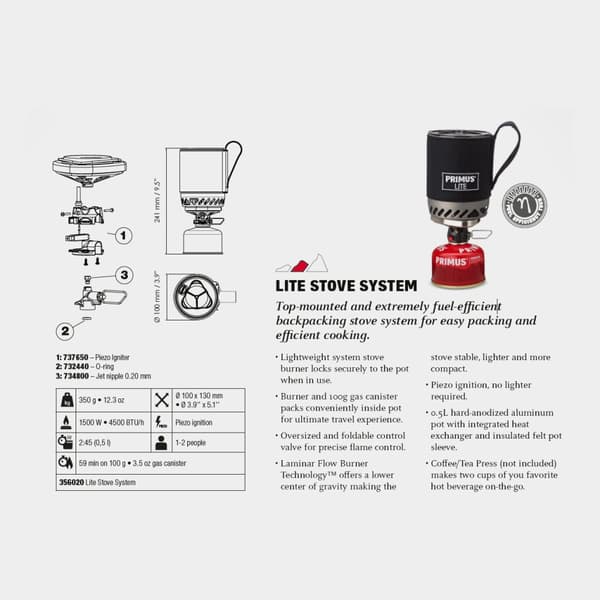 Gaskök Primus Lite Stove System, 1500 W, med integrerad piezotändning + kastrull (500 ml) Bränsletillval: + Summer Gas (230 gram)