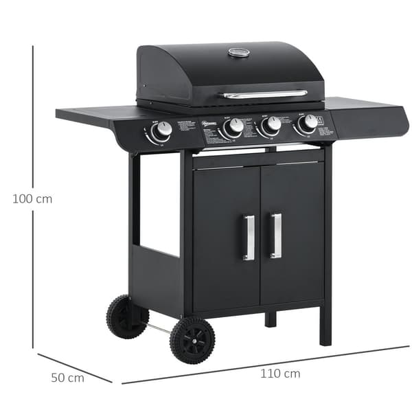 Gasgrill, BBQ Grillvagn med 3 brännare och 1 sidobrännare, 110x50x100 cm, Svart