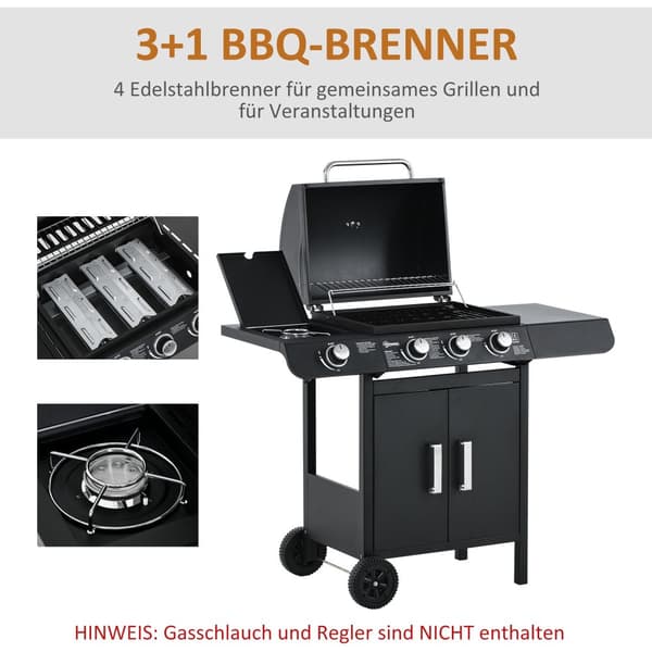 Gasgrill, BBQ Grillvagn med 3 brännare och 1 sidobrännare, 110x50x100 cm, Svart