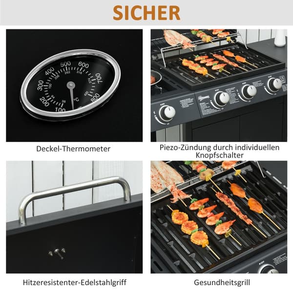 Gasgrill, BBQ Grillvagn med 3 brännare och 1 sidobrännare, 110x50x100 cm, Svart