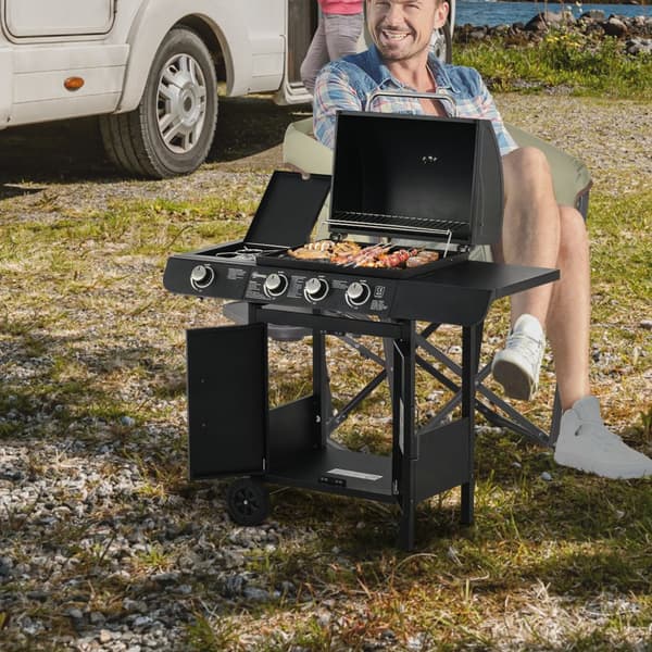 Gasgrill, BBQ Grillvagn med 3 brännare och 1 sidobrännare, 110x50x100 cm, Svart