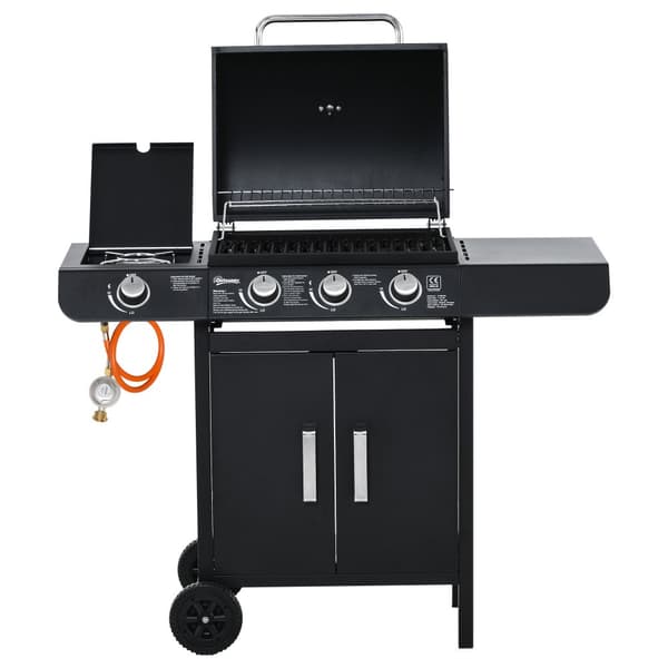Gasgrill, BBQ Grillvagn med 3 brännare och 1 sidobrännare, 110x50x100 cm, Svart