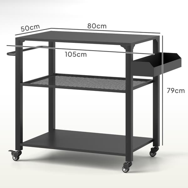 Grillvagn, 3-Nivå Serveringsvagn med Arbetsyta, 105x50x79 cm, Svart