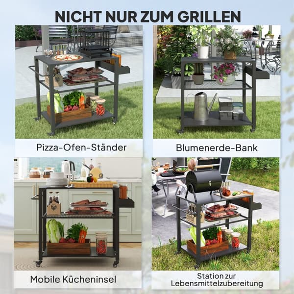 Grillvagn, 3-Nivå Serveringsvagn med Arbetsyta, 105x50x79 cm, Svart