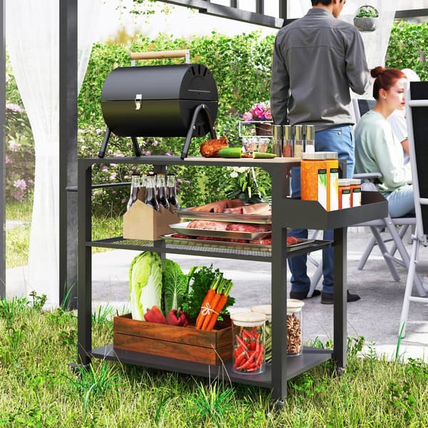 Grillvagn, 3-Nivå Serveringsvagn med Arbetsyta, 105x50x79 cm, Svart