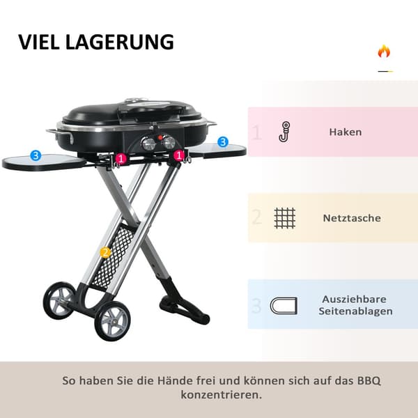 Gasgrill, BBQ Grillvogn, 100x41.6x82.5 cm, Sort Sølv