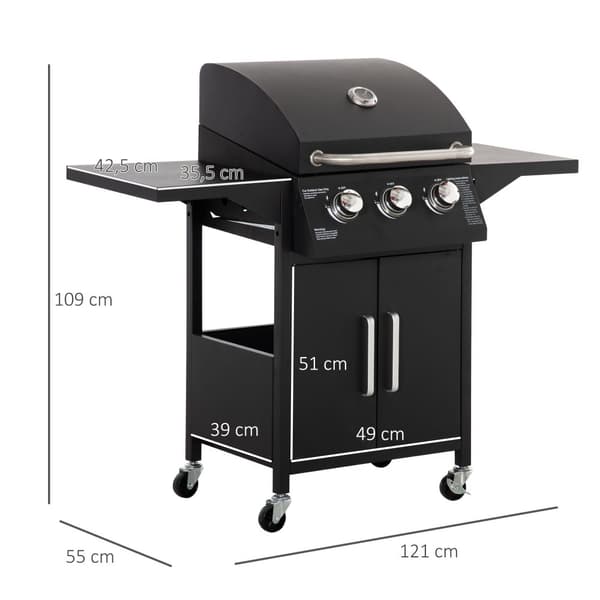 Gasolgrill, BBQ med 3 brännare, 121x55x109 cm, Svart