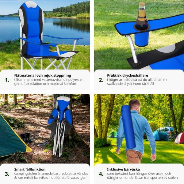 Campingstol med stoppad dyna, hopfällbar - blå, Uppsättning om 4