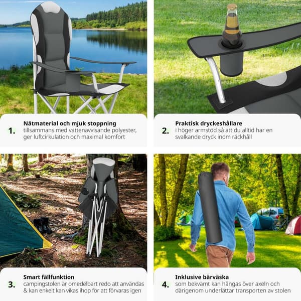 Campingstol med stoppad dyna, hopfällbar - grå, Uppsättning av 2