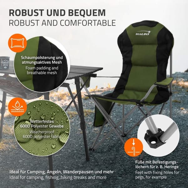 Hauki foldbar campingstol, khaki, fiskestol med kopholder og bæretaske, foldbar havestol, op til 150 kg, overdimensioneret foldestol med højt ryglæn,