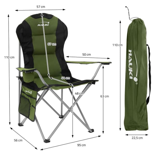 Hauki foldbar campingstol, khaki, fiskestol med kopholder og bæretaske, foldbar havestol, op til 150 kg, overdimensioneret foldestol med højt ryglæn,