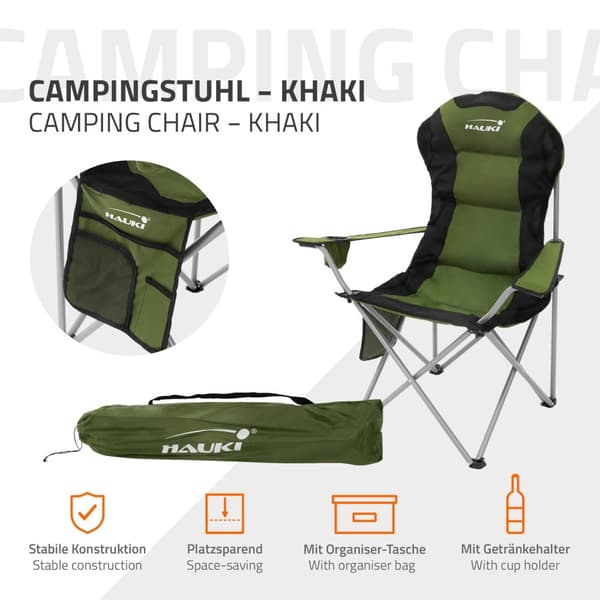 Hauki foldbar campingstol, khaki, fiskestol med kopholder og bæretaske, foldbar havestol, op til 150 kg, overdimensioneret foldestol med højt ryglæn,