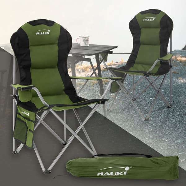 Hauki foldbar campingstol, khaki, fiskestol med kopholder og bæretaske, foldbar havestol, op til 150 kg, overdimensioneret foldestol med højt ryglæn,