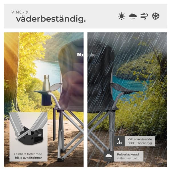 Vadderad campingstol MTX, hopfällbar med dryckeshållare - svart