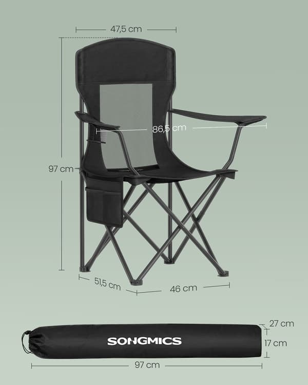 Campingstol, SONGMICS, 51,5x86,5x97 cm, Blæk Sort