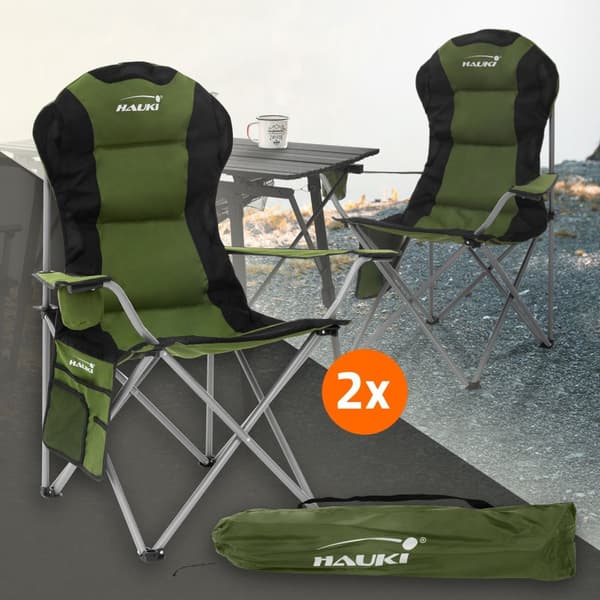 Hauki campingstol set om 2 hopfällbara, khaki, fiskestol med mugghållare & bärväska, trädgårdsstol hopfällbar, upp till 150 kg, överdimensionerad