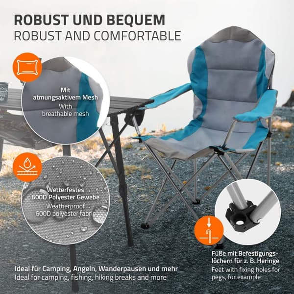 ECD Germany Sæt med 2 foldbare campingstole, gråblå, fiskestol med kopholder og bæretaske, foldbar havestol, overdimensioneret foldestol med højt
