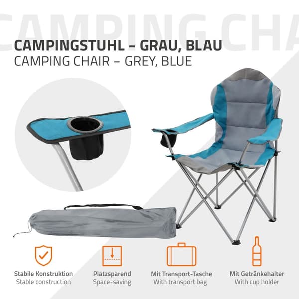 ECD Germany Sæt med 2 foldbare campingstole, gråblå, fiskestol med kopholder og bæretaske, foldbar havestol, overdimensioneret foldestol med højt