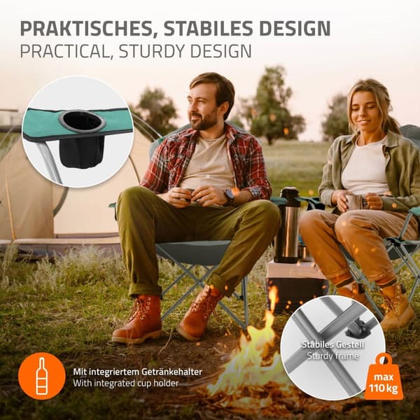 ECD Germany Set med 2 hopfällbara campingstolar, grå-turkos, fiskestol med mugghållare & bärväska, hopfällbar trädgårdsstol, hopfällbar stol med