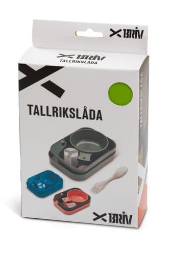 TALLRIKSLÅDA KOMPLETT, tallrikar, kåsa, spork, kryddburk + (skärbräda, vikkopp)