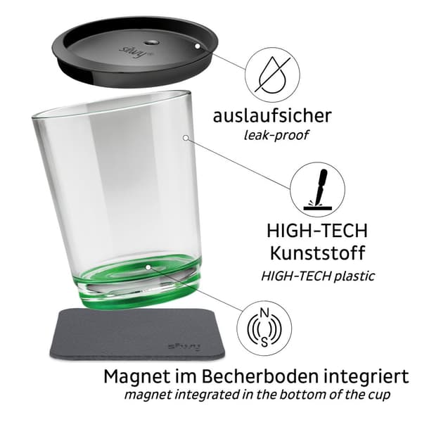 Magnetiskt plastglas Silwy Magnetic Drinking Cup Triple Sour Green, transparent/grön, 25 cl + magnetiskt glasunderlägg + spillsäkert lock