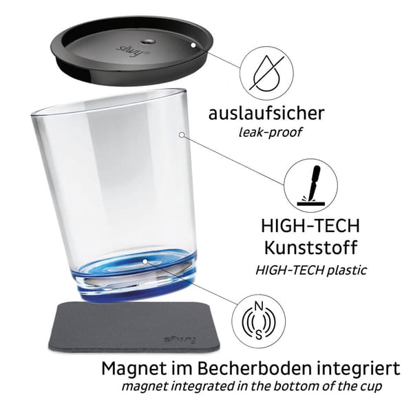 Magnetiskt plastglas Silwy Magnetic Drinking Cup Triple Lui Blue, transparent/blå, 25 cl + magnetiskt glasunderlägg + spillsäkert lock