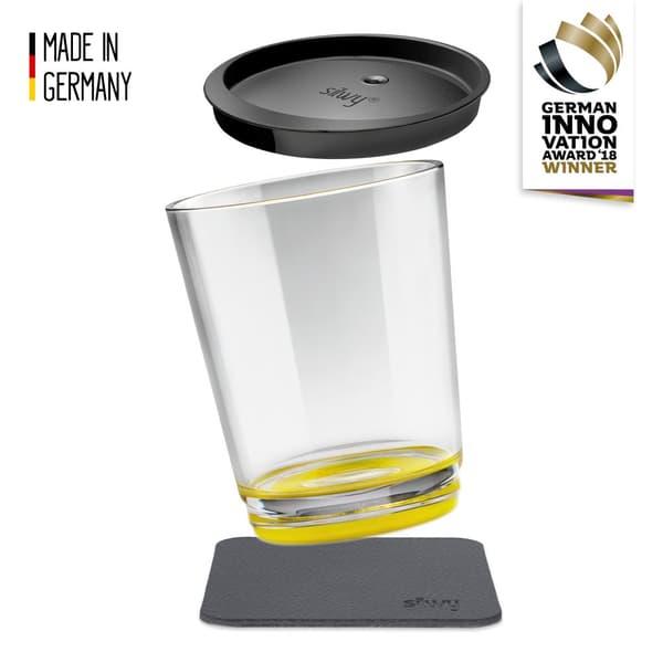 Magnetiskt plastglas Silwy Magnetic Drinking Cup Triple Oh Yellow, transparent/gul, 25 cl + magnetiskt glasunderlägg + spillsäkert lock