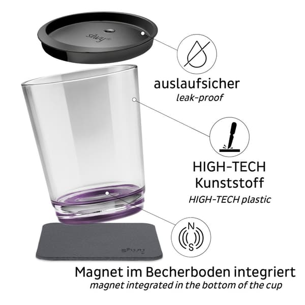 Magnetiskt plastglas Silwy Magnetic Drinking Cup Triple Very Berry, transparent/lila, 25 cl + magnetiskt glasunderlägg + spillsäkert lock