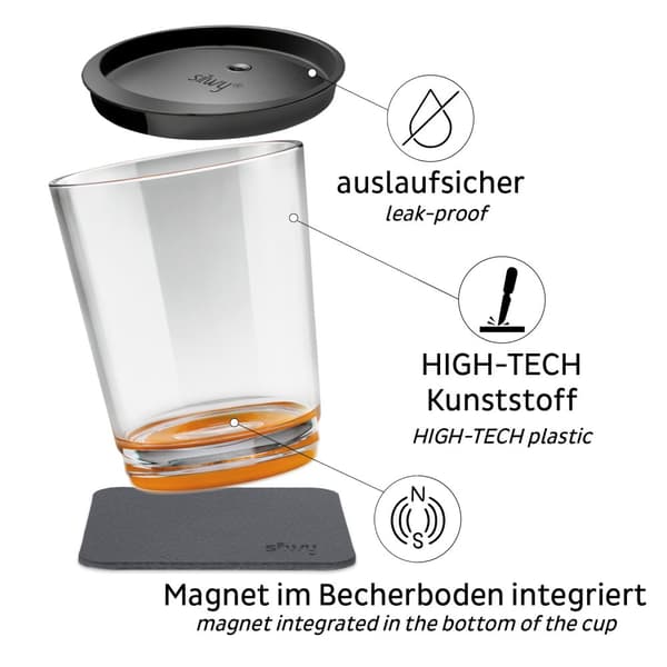 Magnetiskt plastglas Silwy Magnetic Drinking Cup Triple Hup Orange, transparent/orange, 25 cl + magnetiskt glasunderlägg + spillsäkert lock