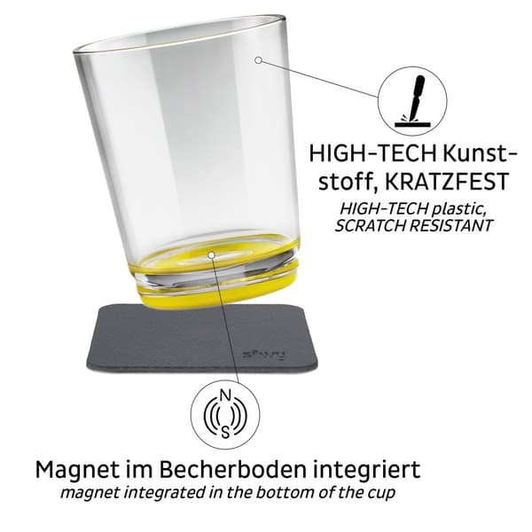 Magnetiska plastglas Silwy Magnetic Drinking Cup Oh Yellow, transparent/gul, 25 cl, 2-pack + magnetiska glasunderlägg