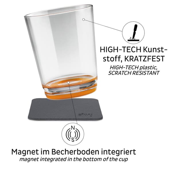 Magnetiska plastglas Silwy Magnetic Drinking Cup Hup Orange, transparent/orange, 25 cl, 2-pack + magnetiska glasunderlägg