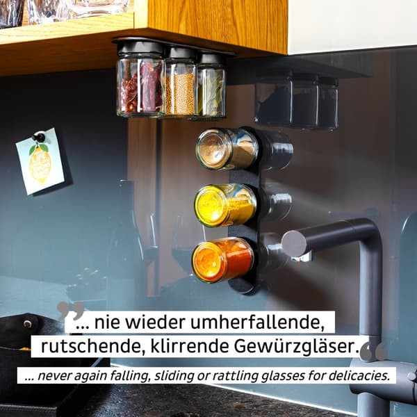 Magnetiska kryddburkar i glas Silwy Glasses for Delicacies Black & Classy, transparent, 192 ml, 3-pack + svart magnetremsa