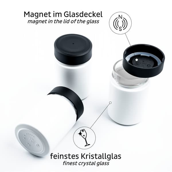 Magnetiska kryddburkar i glas Silwy Glasses for Delicacies All White, vit, 192 ml, 3-pack + vit magnetremsa