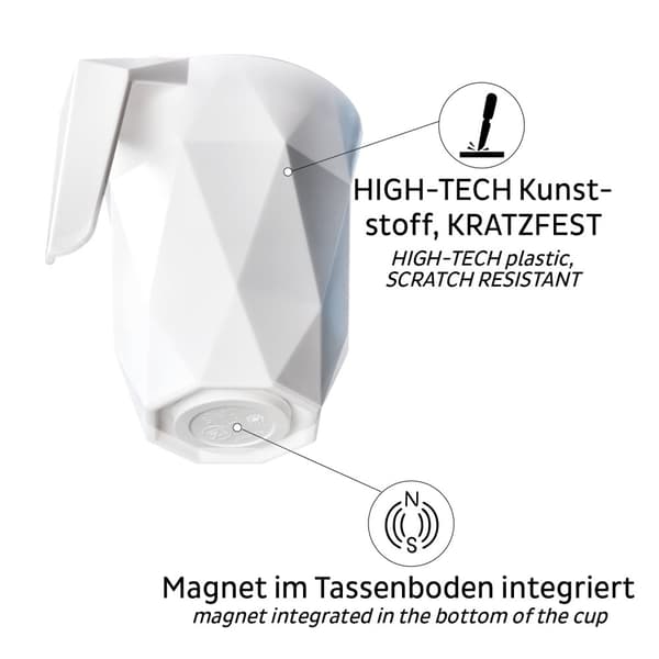 Magnetisk kaffe/tekopp i plast Silwy Magnet Coffee Cup To-Go, vit, 30 cl / 300 ml + vitt magnetiskt glasunderlägg + lock