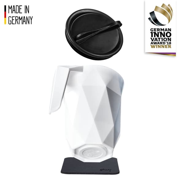 Magnetisk kaffe/tekopp i plast Silwy Magnet Coffee Cup To-Go, vit, 30 cl / 300 ml + svart magnetiskt glasunderlägg + lock