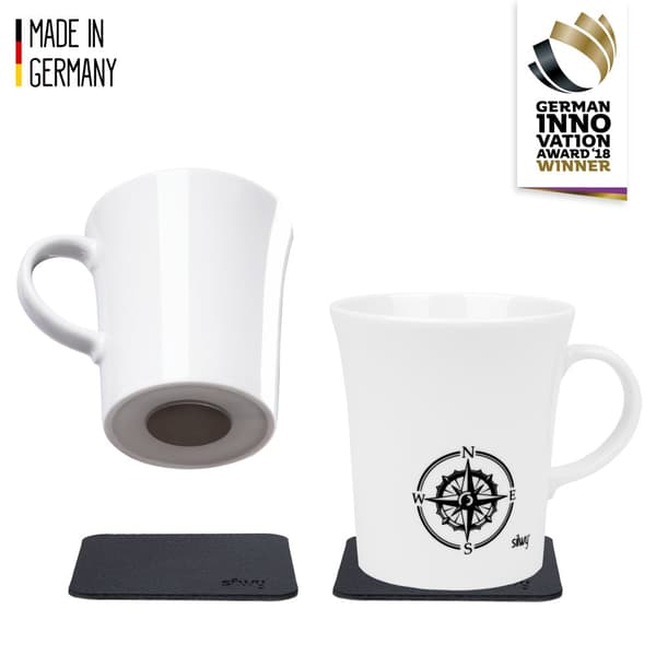 Magnetiska kaffemuggar i porslin Silwy Porcelain Magnet Handle Wanderlust, vit, 27 cl / 270 ml, 2-pack + magnetiska glasunderlägg