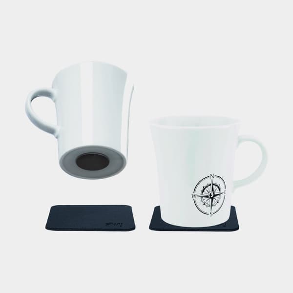 Magnetiska kaffemuggar i porslin Silwy Porcelain Magnet Handle Wanderlust, vit, 27 cl / 270 ml, 2-pack + magnetiska glasunderlägg